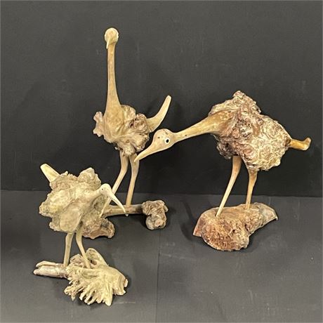 Vintage Burl Wood Hand Carved Ostrich Sculptures