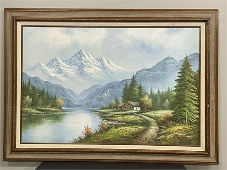 Framed Original Mountain Cabin Painting -Signed By W. Chapman - 43x31