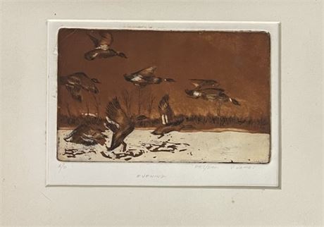 "Evening" Vintage Water Fowl Print By V. James - 9x11