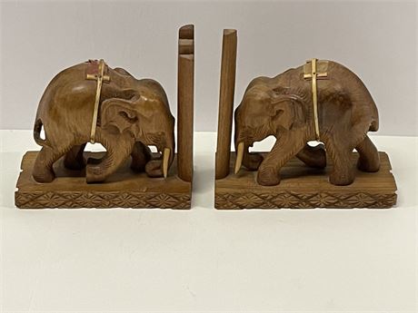 Vintage Hand Carved Wood Elephant Book Ends - 8x3x8