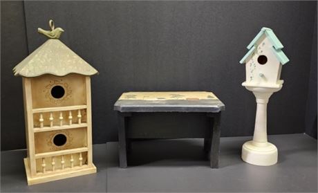 🐦Wood Birdhouse & Mini Bench Trio🐦