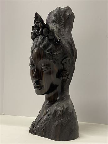 Mid Century Bali Woman Bust Hand Carved Ebony/Palisander Wood Sculpture - 13"⬆️