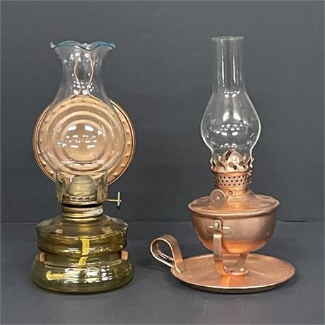 Small Vintage Oil Lamp Pair - Amber Glass & Copper