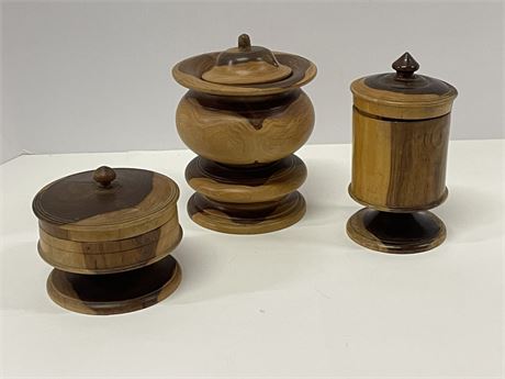 Vintage Lathe Turned Lidded Container Trio