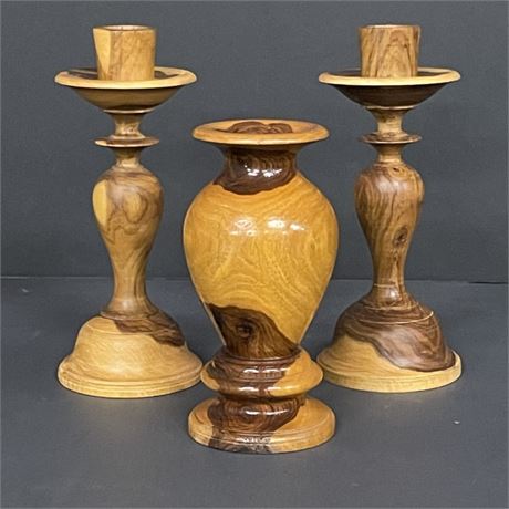 Vintage Lathe Turned Wood Candle Holder Trio