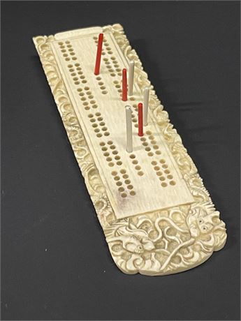 Nice Hand Carved Chinese Ivory Cribbage Board - 7"