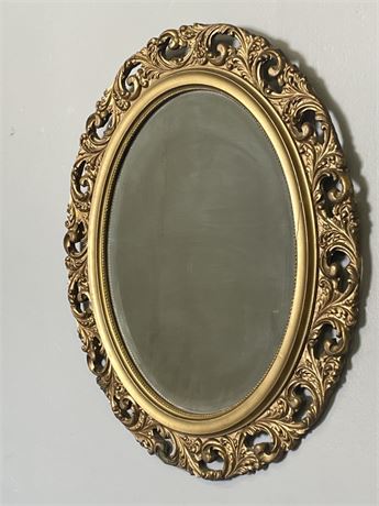 Antique Beveled Oval Mirror w/ Ornately Carved Wood Frame -  24x27