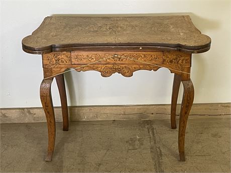 Rare Antique Hand Carved Inlay Wood Table/Desk w/ Drop Down Leaf - 35x17x29