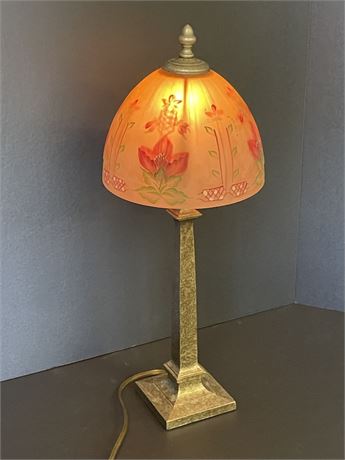 Antique Art Deco Brass Table Lamp w/ Painted Glass Shade - 20"⬆️