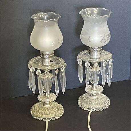 Vintage Etched Lamp Pair w/ Crystal Decor - 13"⬆️