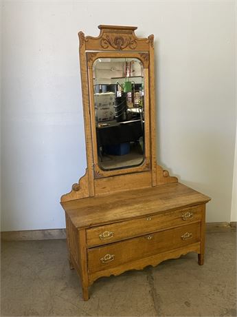 Antique Oak Mirrored Low Dresser - 44x20x79