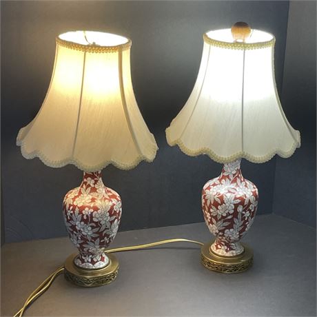 Vintage Cloisenne & Brass Table Lamp Pair - 18"⬆️