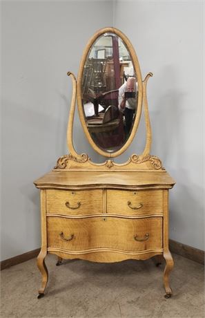 Antique Rolling Curved Oak Mirrored Dresser - 36x19x72