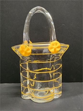 Hand Blown Art Glass Purse Vase Clear Orange Stripe 11.5"