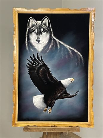 Framed Velvet Wolf/Eagle Painting, 27x39