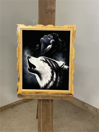 Framed Velvet Wolf w/ Woman Painting, 19x23