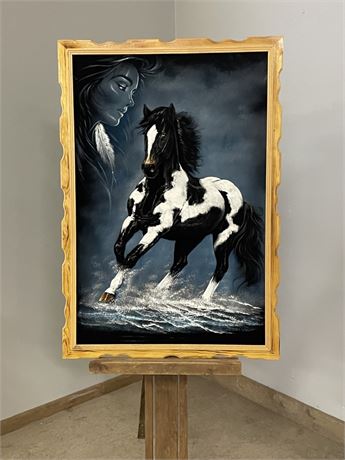 Framed Velvet Painting, Horse, 27x39