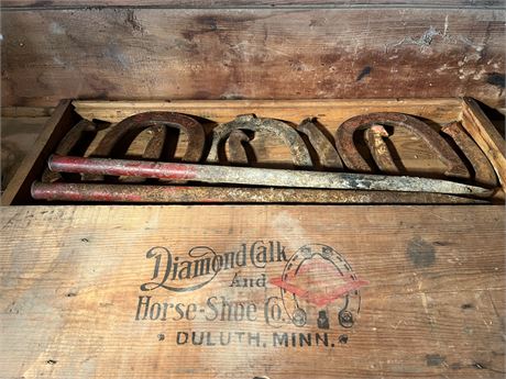 Diamond Calk and Horse-Shoe Co. Wooden Box and Horseshoes