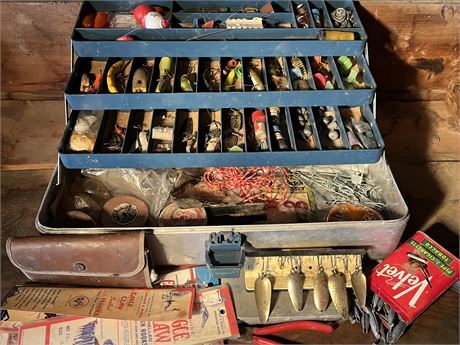 Metal Old Pal Tackle Box Loaded with Vintage Fishing Gear
