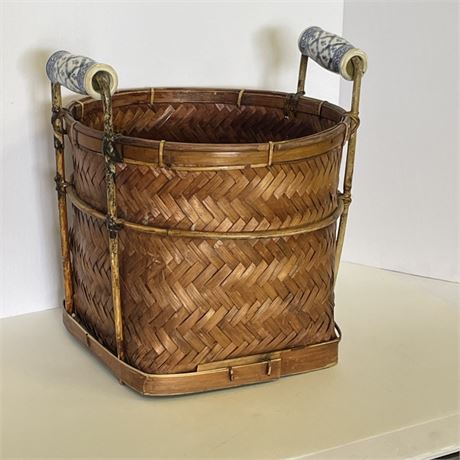 Vintage Woven Basket w/ Ceramcic Handles - 13x15