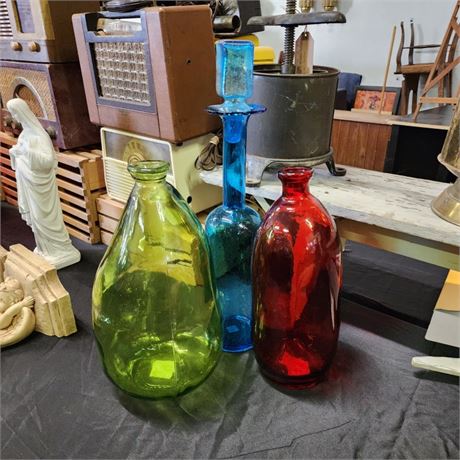 Large Colored Glass Bottle/Vase Trio (one with stopper)