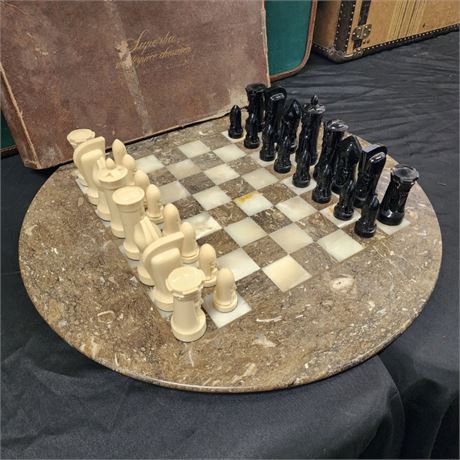 Vintage Chess Set on Marble - 23" Diameter