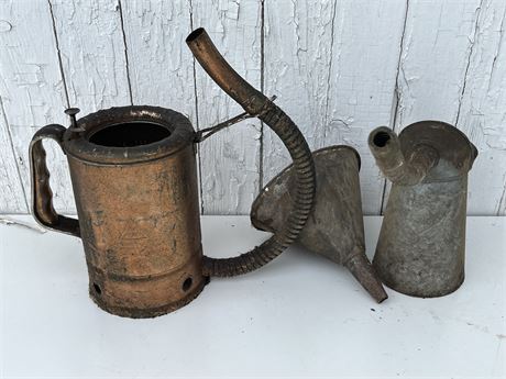 Vintage Vehicle Oil Fill Cans and Funnel
