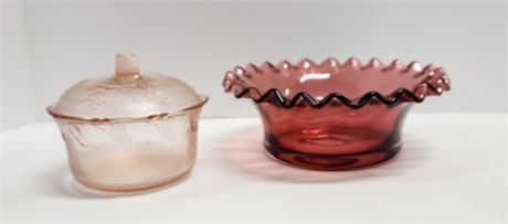 Antique Depression Bowl & Red Glass Candy Dish