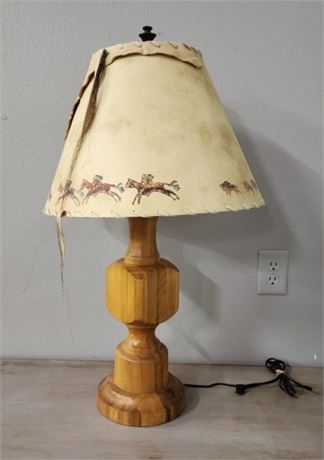 Vintage Wood Base table Lamp w/ Buck Skin Draped Shade - 30"⬆️