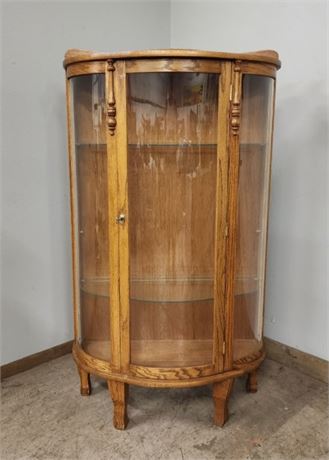 Vintage Oak Locking Curio Cabinet w/ Curved Glass & Key, Missing a Shelf.