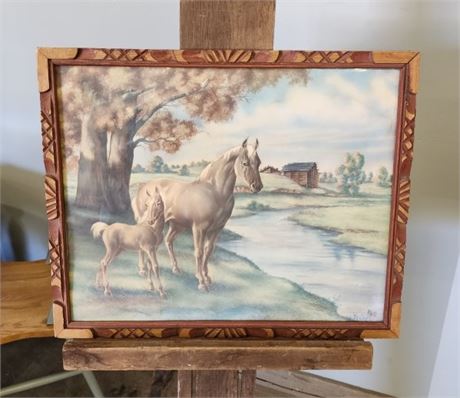 Vintage Framed & Signed Horse & Foal Print - 21x17