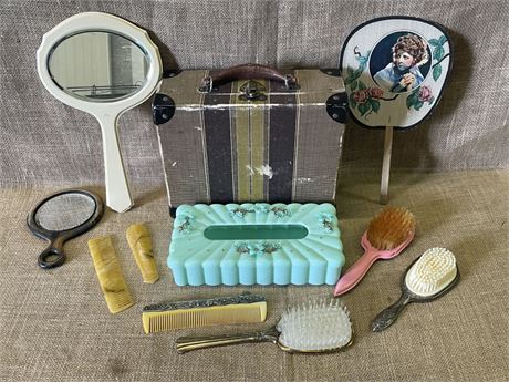 Assorted Vintage Vanity Items and Case