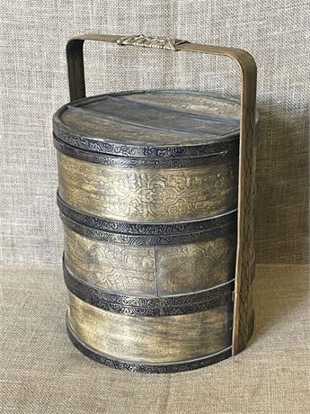 Triple Layer Handled Basket w/ Design in Wood - 12x17