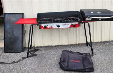 Sweet Camp Chef Pro 90 Triple Burner Stove w/ BBQ Box & Cast Iron Griddle