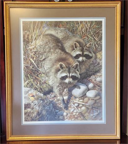 Carl Brenders "Waterside Encounter" Framed/Matted Raccoon Wildlife Print - 25x30