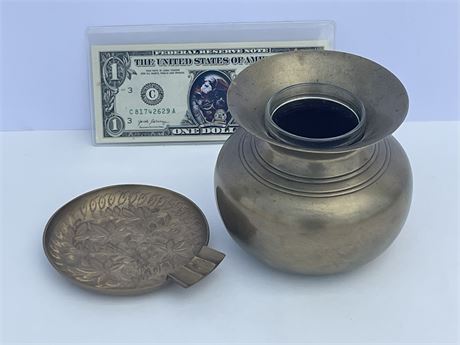Unique Vintage Brass Ashtray & Candle Holder