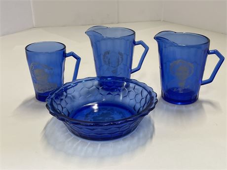 1934-42 Very Collectible Shirley Temple Mini Blue Glass Pitchers/Mug/Bowl Set