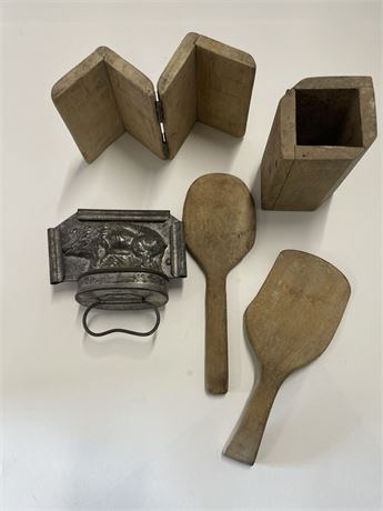 AntiqueTin & Wood Butter Molds & Paddle Set