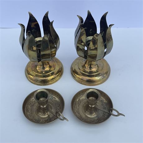 Vintage Brass Torch & Handled Candle Stands