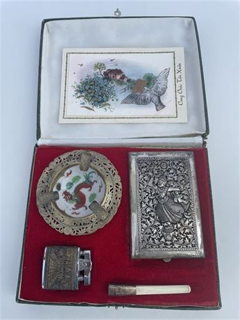 Rare 1958  Vintage Argent Asian Style Smoking Kit with Case/Tip/Lighter & Tray