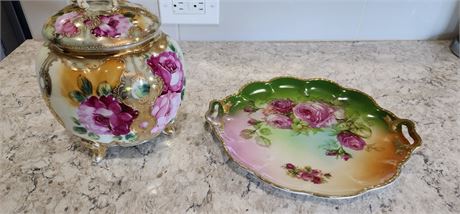 Hand Painted Antique German Cake Plate & Victorian Shabby Chic Vase w/ Lid