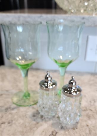 Depression Glass Wine Glasses & Crystal Salt/ Pepper Shakers