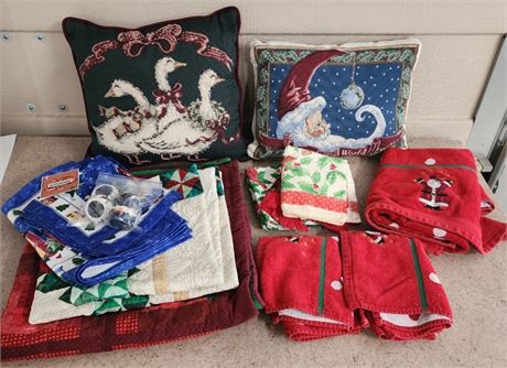 Assorted Holiday Linens, Pillows, Decor