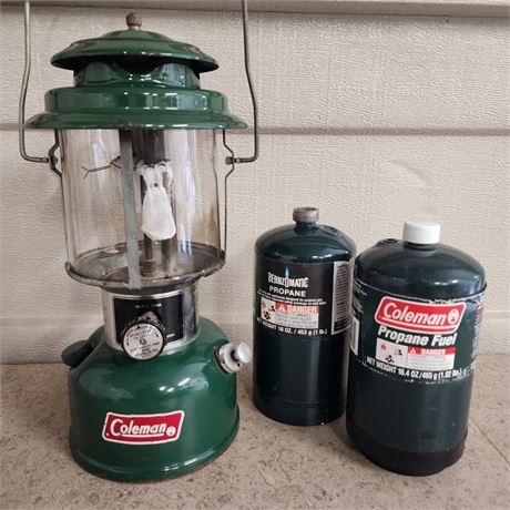 Vintage Green Coleman Lantern & Propane Bottles