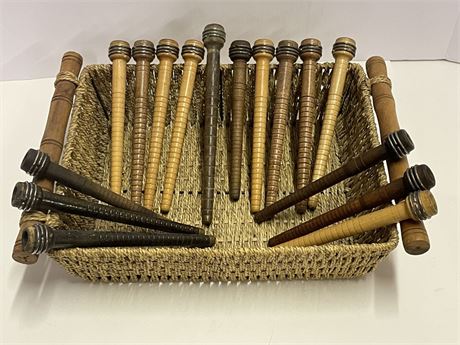 Antique Wood Yarn Spools & Woven Basket