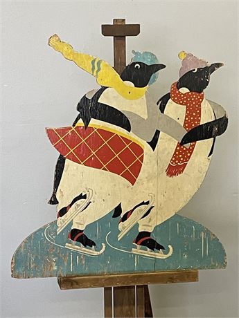 Large Vintage Wood Cut-out Penquin Ice Skaters - 29x32