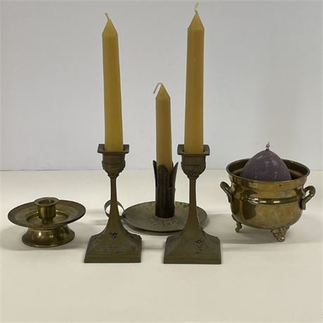 Assorted Metal Candle Holders & Candles...Some Brass