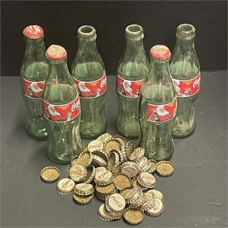 Vintage Coke Bottles & Caps with Caddy