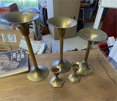 5 BRASS CANDLE STICK HOLDERS