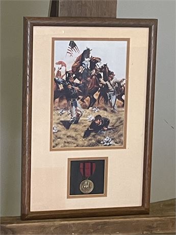 Framed Cavalry Print & Indian Wars Medal...12x18